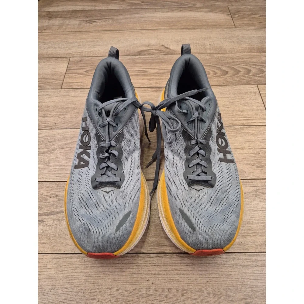 Hoka One One Bondi 8 Wide Mens Running Shoes Grey Yellow Low Top Sneakers‎ 12 EE